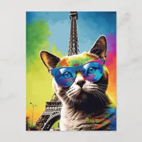 Colorful Cat in Paris Postcard