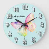 Delicate Pink Butterfly in Pastel Rainbow Colors Large Clock