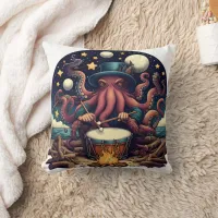 Octopus Drumming Under Stars By The Ocean Throw Pillow