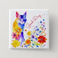 Good Day | Watercolor Cat and Flowers  Button