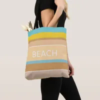 Coral Sand Sun and Sky Preppy Striped Beach Tote Bag