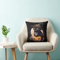 Cat Lovers Black Cat & Spooky Pumpkin Black  Throw Pillow