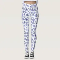 Pretty Blue and White Abstract Daisy Pattern Leggings