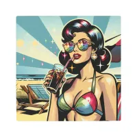 Beautiful Pinup Woman with a Cola on the Beach Metal Print