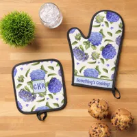 Personalized Blue Hydrangeas Floral Botanical Art  Oven Mitt & Pot Holder Set