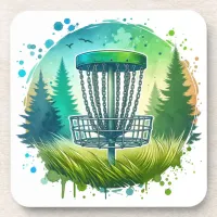 Disc Golf Basket and Pine Trees Blue and Green Beverage Coaster