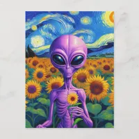 Purple Alien Holds Flower Van Gogh Sunflower Field Postcard