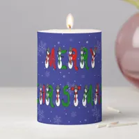 Merry Christmas Snowman Red Green Blue Snowflake Pillar Candle