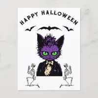 Purple Halloween Cat with Bats and Skeletons Postcard