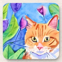 Colorful Watercolor Art | Orange Cat and Flowers Beverage Coaster