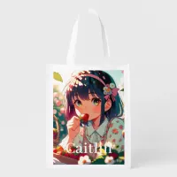 Cute Anime Girl Eating Strawberries | Summer Day Grocery Bag