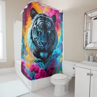 Electric Blue Neon Snow Tiger Portrait  Shower Curtain