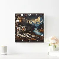 Bengal Tigers Resting Near Serene Mountain River Square Wall Clock