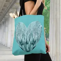 Feather heart in soft green tote bag