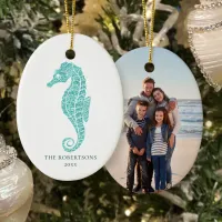 Cute Seahorse Aqua Glitter Coastal Christmas Photo Ceramic Ornament