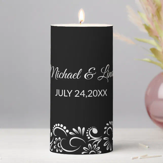 Elegant simple black and white floral wedding pillar candle