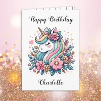 Personalized Unicorn and Flowers Girl's Birthday Card