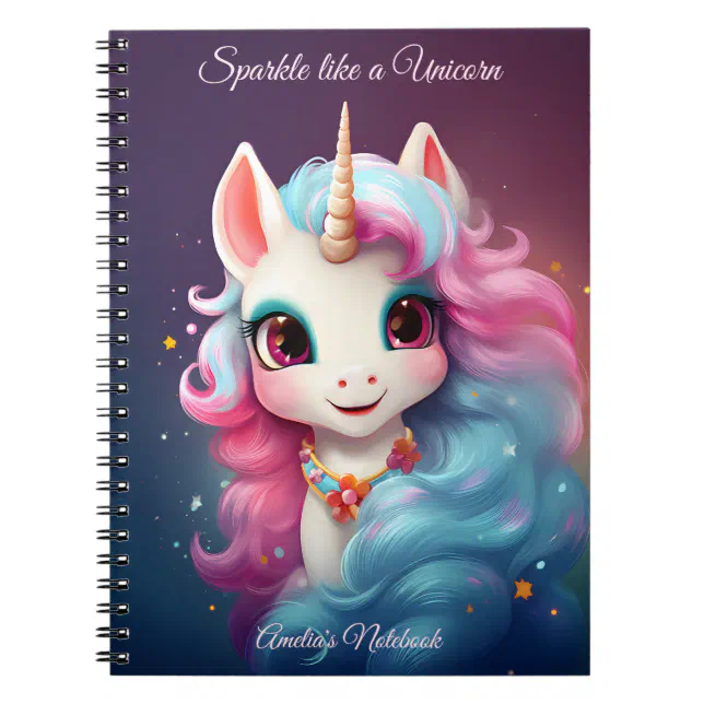 Cute Unicorn Cartoon in Pink & Purple Personalized Notebook