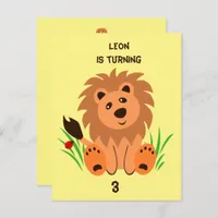 Cute lion in the grass with ladybug, kids birthday invitation