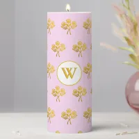 Monogrammed Pretty Pink Faux Gold Rose Flowers Pillar Candle