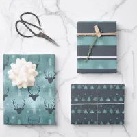 Christmas Deer Antler, Stripes, Trees Teal ID864 Wrapping Paper Sheets