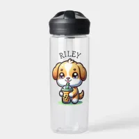 Cute Kawaii Puppy Dog with Bubble Tea Personalized Water Bottle