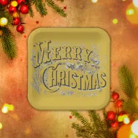 Merry Christmas - Vintage Style Black on Gold | Paper Plates