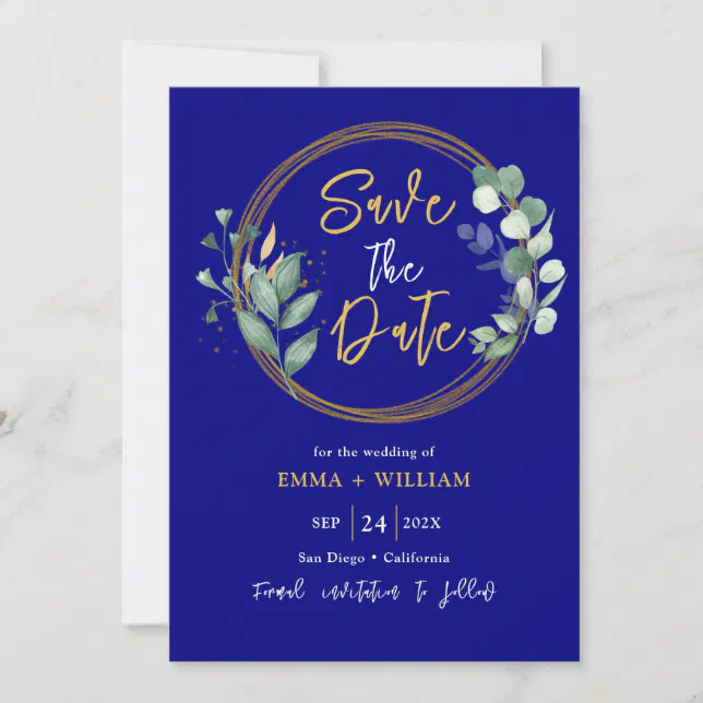 Simple Eucalyptus Greenery Navy Blue and Gold  Save The Date