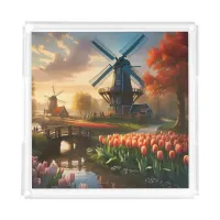 Windmill in Dutch Countryside by River with Tulips Acrylic Tray