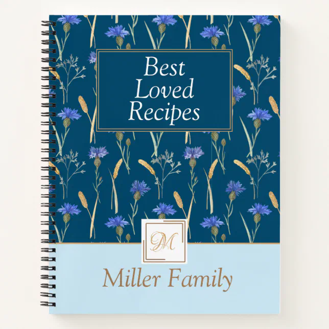 Blue Floral Wildflower Mongoram Recipe Notebook