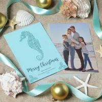 Aqua Blue Glitter Seahorse Coastal Christmas Photo Holiday Card