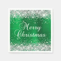 Glittery Silver and Green Merry Christmas Napkins