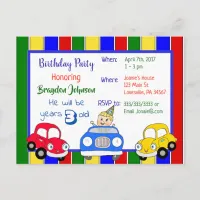 Cars Red Blue Green Boy's Birthday Invitation