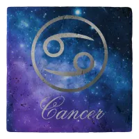 Grey Zodiac Cancer & sign on blue galaxy | Trivet