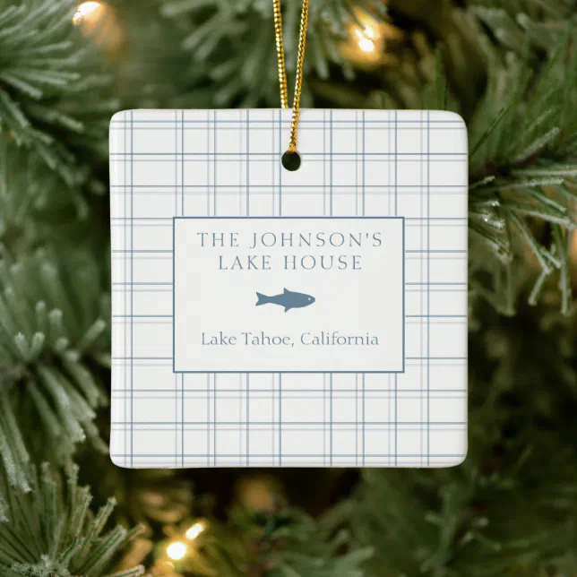 Classic Customizable Plaid Lake House Blue Fish Ceramic Ornament