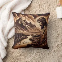 Jesus Overlooking a Peaceful River Landscape Throw Pillow