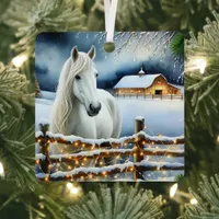 Pretty White Horse Farm Christmas Personalized Metal Ornament