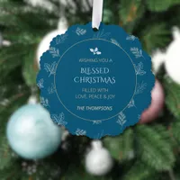 Elegant White Winter Leaves MIstletoe Blue Ornament Card