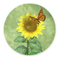 Pretty Yellow Sunflower and Orange Butterfly Ceramic Knob