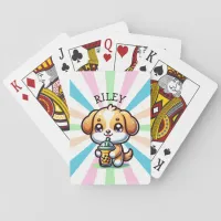 Cute Kawaii Puppy Dog with Bubble Tea Personalized Poker Cards