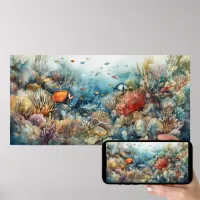Coral reef and fishes watercolor poster