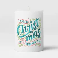 Magical Christmas Typography Teal ID441 Pillar Candle