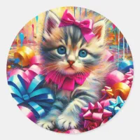 Cute Kitten Playing in Birthday Bows  Classic Round Sticker