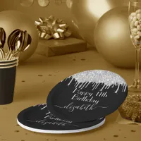 Custom Name + Age Silver Dripping Glitter Black Paper Plates