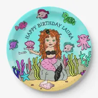 Pretty Pesonalized Pink and Black Mermaid Birthday Paper Plates