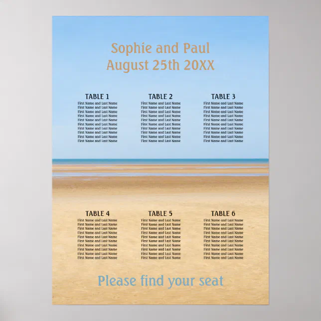 6 Table Beach Wedding Seating Chart