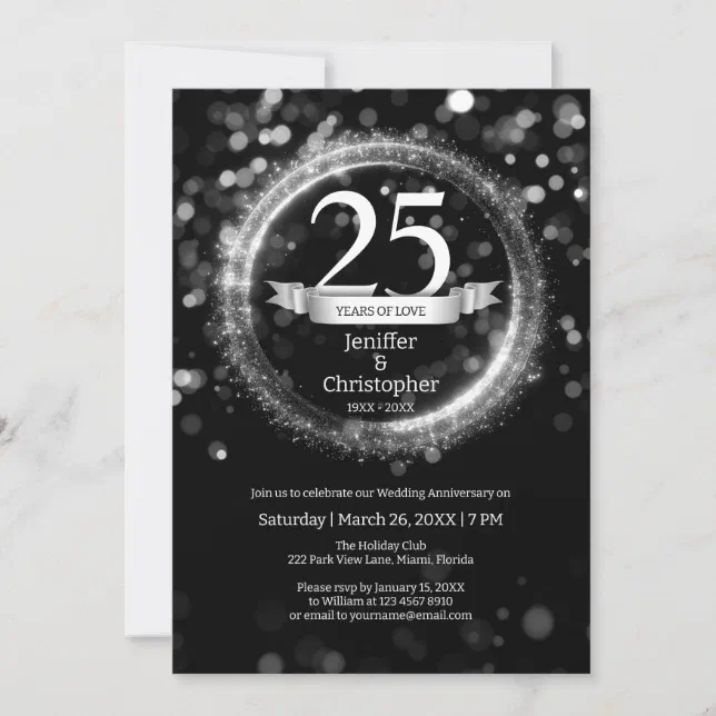 Glitter Edit Year Name Wedding Anniversary Black Invitation