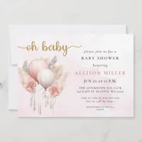 Oh Baby Pink Gold Pampas Boho Girl Baby Shower  Invitation