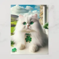 St. Patricks Day Cat Fluffy White Cat Green Eyes Postcard