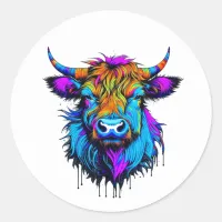 Cyberpunk Colorful Ai Highland Cow Classic Round Sticker